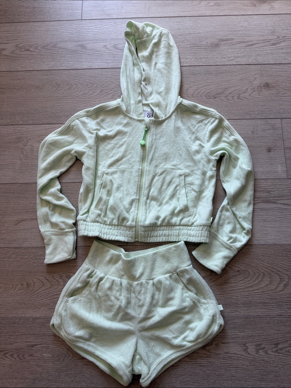 Athleta Girls' Light Green Terry Zip Hoodie & Shorts Set